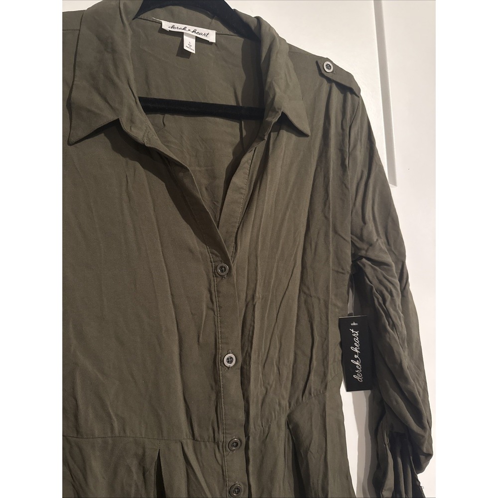 NWT Derek Heart Womens Green Button Up Tie Waist Midi Shirt Dress Large - Picture 2 of 3